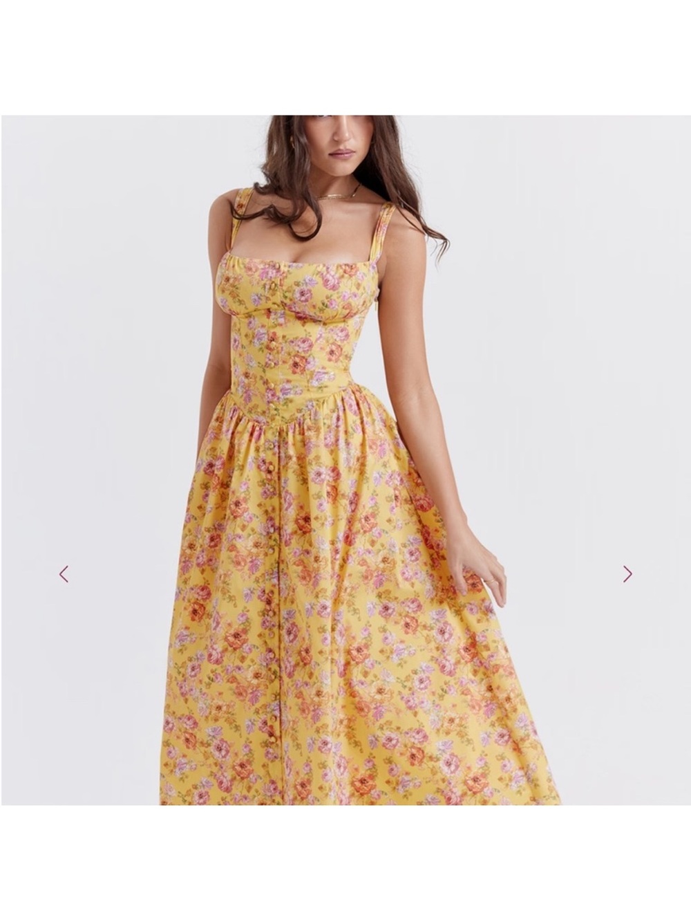 House of CB Yellow Floral Maxi Dress with Pink & Green Accents